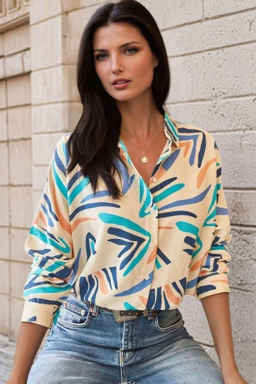 Mavi Canlı Soyut Desenli, Regular Kesim Gömlek