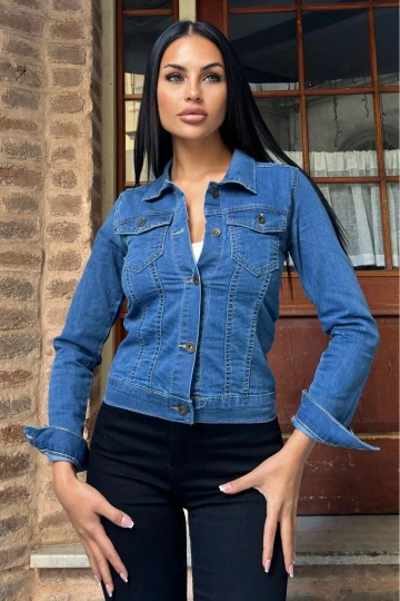 Mavi Dar Kesim, Cepli, Düğmeli, Denim Kot Ceket