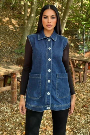 Mavi Denim Kolsuz, Düğmeli, Geniş Cepli Uzun Kot Yelek