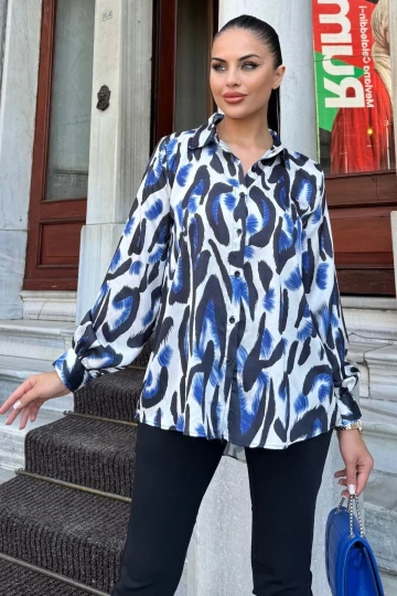 Mavi Desenli Salaş Saten Gömlek