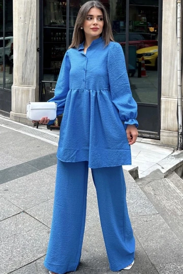 Mavi Hakim Yaka, Balon Kol, Tunik & Bol Paça Pantolon - Fırfırlı Salaş Alt & Üst Pamuklu Takım