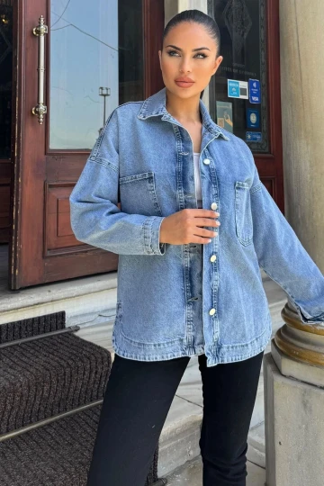 Mavi Oversize Kot Cepli Düğmeli Ceket Gömlek