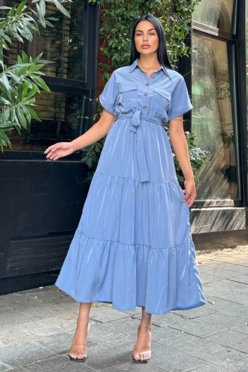 Mavi Pliseli Kuşaklı Maxi Uzun Ceket Elbise