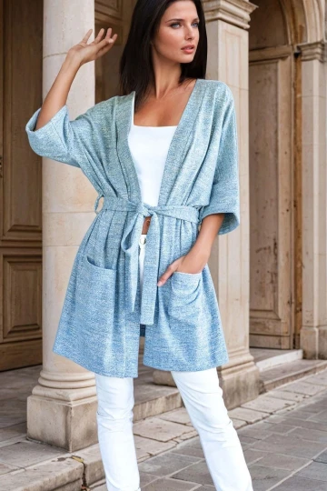 Mavi Rahat Kesim, Kuşak Ve Cep Detaylı, İnce Triko Hırka