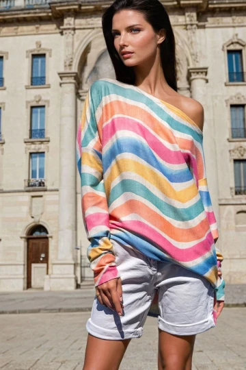 Mix Renk, Asimetrik Yaka, Salaş Kesim, Uzun Kollu Bluz