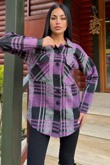 Mor Ekose Desenli, Yumuşak Dokulu, Relax Fit, Oduncu Gömlek