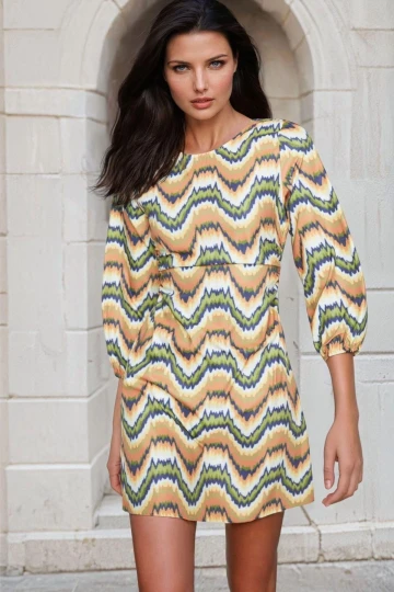 Multi Desenli, Uzun Kollu, Cut-Out, Şık Elbise