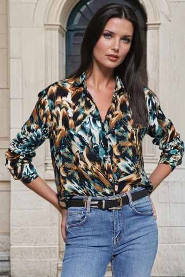 Multi Renkli, Soyut Desenli, Klasik Kesim, Uzun Kollu Gömlek