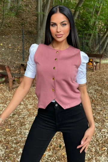 Pembe Yuvarlak Yaka, Gold Düğmeli, Scuba Yelek