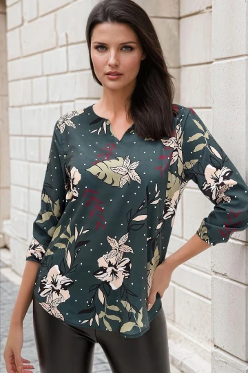 Petrol Yeşili, Floral Desenli, Lastikli Uzun Kol, Bluz