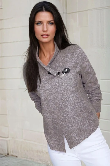 Pudra Broş Yaka, Uzun Kol, Lazer Kesim, Dokulu Kumaş, Düğmesiz Ceket Hırka