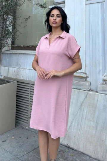 Pudra Polo Yaka Dokulu Rahat Midi Elbise