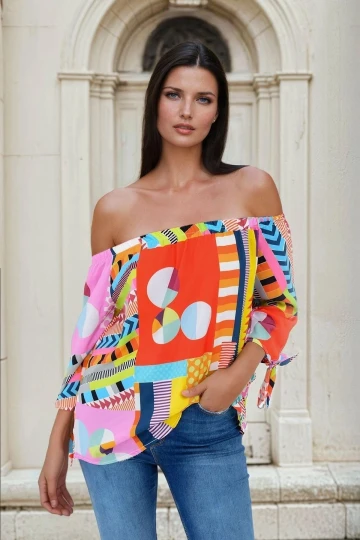 Renk Bloklu, Madonna Yaka, Kolları Bağlama Detaylı, Bluz