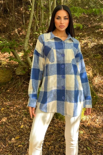 Saks Çift Cepli, Ekose Desenli, Rahat Kalıp, Salaş Kaşe Gömlek