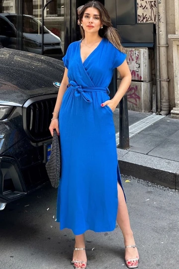 Saks Kruvaze Yaka,Yırtmaçlı, Beli Kuşaklı, Terletmez, Pamuklu, İthal Müslin Kumaş, Uzun Elbise