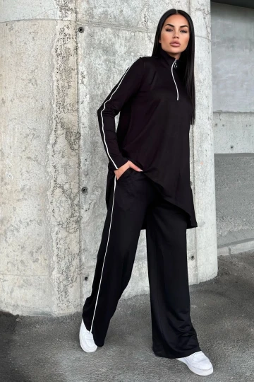 Siyah Asimetrik Kesim, Fermuarlı Bluz & Bol Paça Pantolon - Viskon İki İplik Kumaş Alt & üst Takım