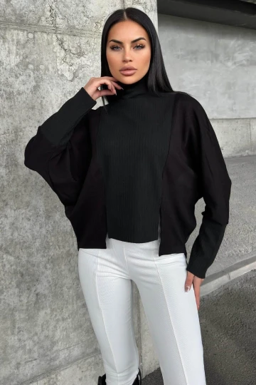 Siyah Balıkçı Yaka, Asimetrik Kesimli, Kaşkorşe Akrilik Kumaş, Salaş Triko Bluz