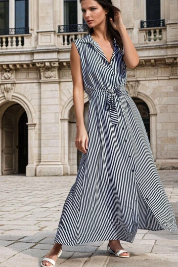 Siyah Beyaz Çizgili, Kolsuz, Kuşak Detaylı, Maksi Boy Elbise