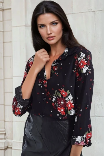 Siyah Çiçek Desenli, Uzun Kollu, Klasik Kesim, Gömlek