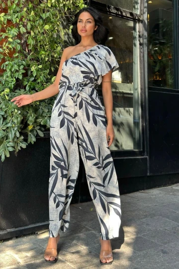 Siyah Desenli Tek Omuz Kuşaklı Viskon Tulum