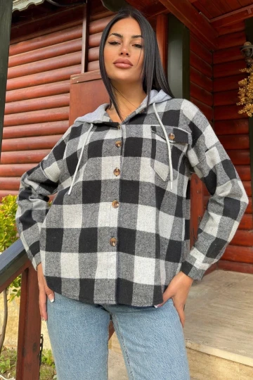 Siyah & Gri Ekose Desenli, Yumuşak Dokulu, Kapüşonlu Oduncu Gömlek