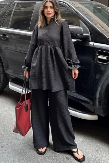 Siyah Hakim Yaka, Balon Kol, Tunik & Bol Paça Pantolon - Fırfırlı Salaş Alt & Üst Pamuklu Takım
