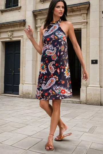 Siyah Halter Yaka, Etnik Desenli, Mini Elbise