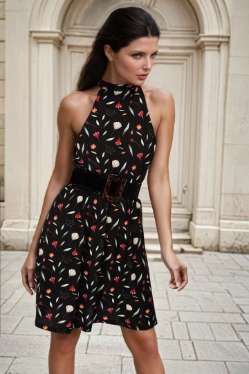 Siyah Halter Yaka, Floral Desenli, A Kesim, Midi Elbise