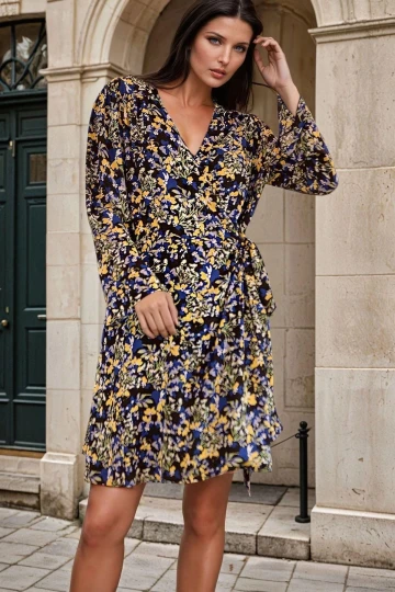 Siyah Kruvaze Yaka, Bahar Desenli, Rahat Kesim Elbise