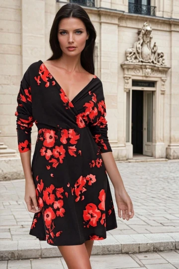 Siyah Kruvaze Yaka, Çiçek Desenli, Uzun Kollu, Midi Elbise