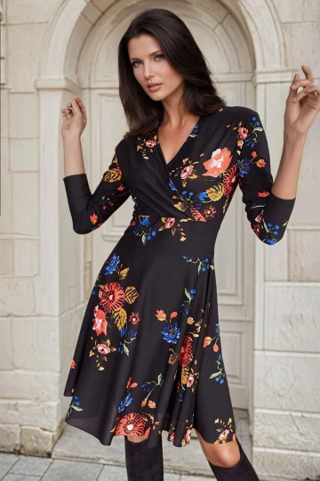 Siyah Kruvaze Yaka, Çiçekli, Uzun Kollu, Mini Elbise