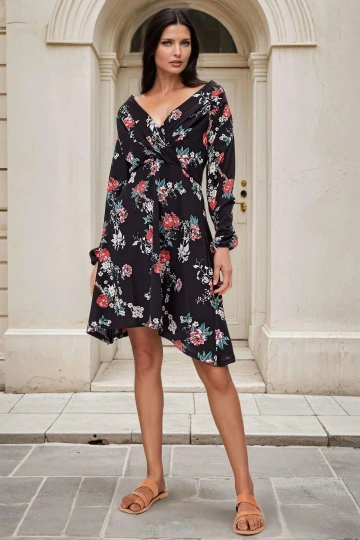 Siyah Kruvaze Yaka, Floral Desenli, Midi Elbise