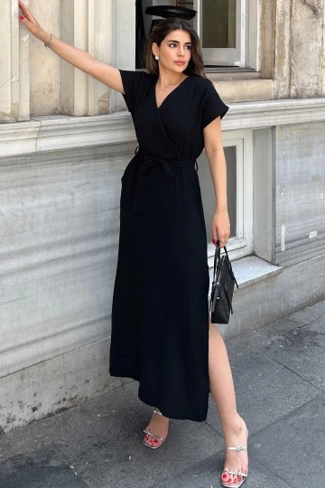 Siyah Kruvaze Yaka,Yırtmaçlı, Beli Kuşaklı, Terletmez, Pamuklu, İthal Müslin Kumaş, Uzun Elbise