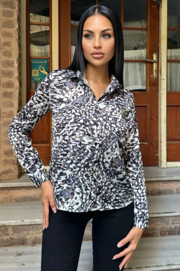 Siyah Leopar Desenli, Uzun Kol, Klasik Kesim, Saten Gömlek