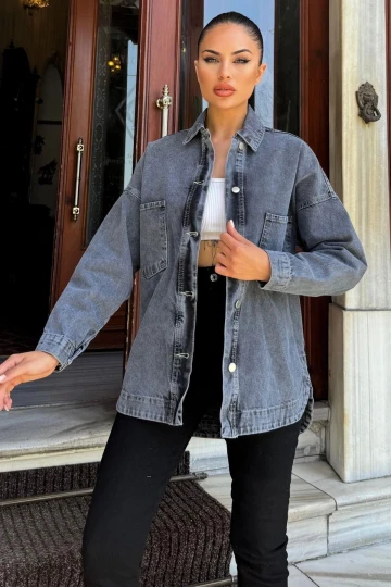 Siyah Oversize Cepli Düğmeli Denim Ceket Gömlek