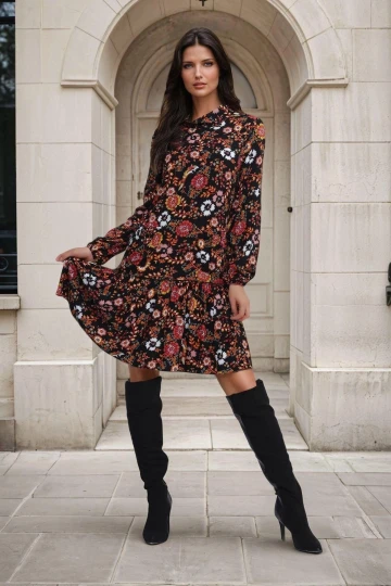 Siyah Sarı, Çiçek Desenli, Dik Yaka, Uzun Kollu Elbise