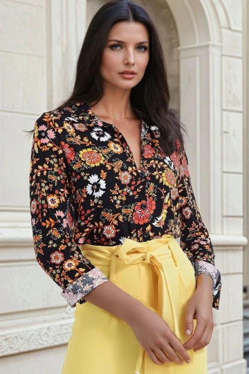 Siyah Sarı, Çiçek Desenli, Klasik Gömlek