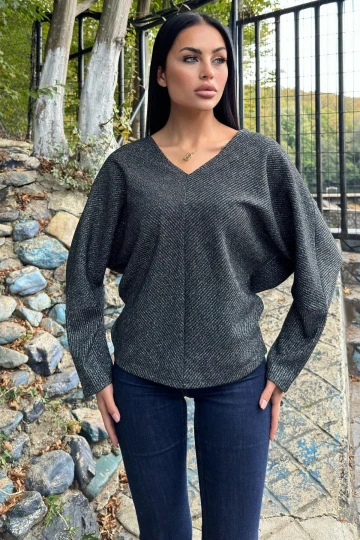 Siyah Simli, Yarasa Kol, V Yaka, Örme Triko Kazak