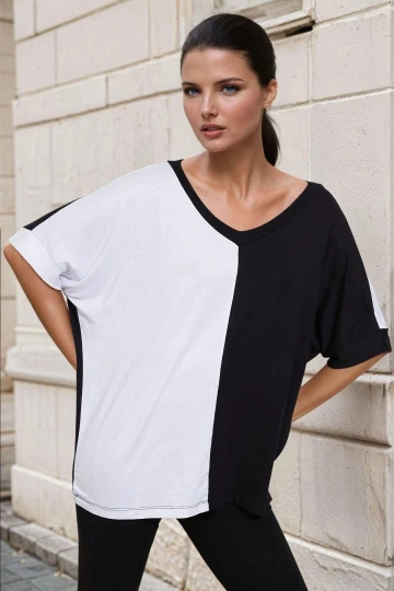 Siyah V Yaka, Renk Bloklu, Basic Bluz