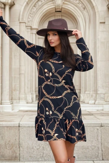 Siyah Zincir Desenli, Eteği Volanlı, Midi Elbise