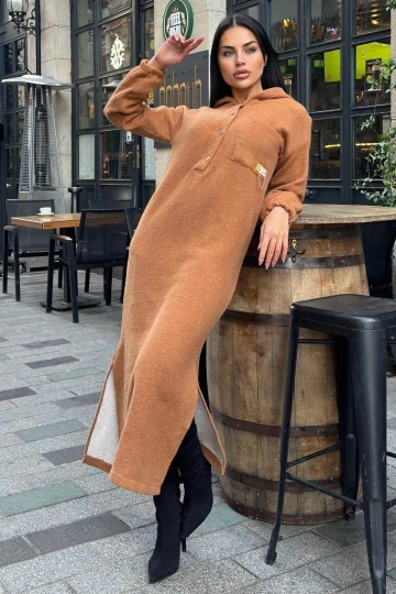 Taba Çift Taraflı Kapüşonlu, Yırttmaç Detaylı, Duble Yumoş Kaşe Uzun Elbise