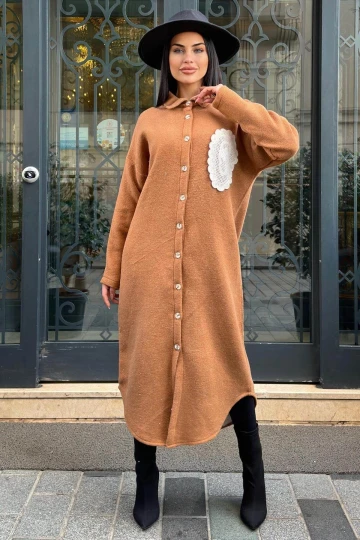 Taba Çift Taraflı Yumoş Dokulu, Aplike Detaylı, Duble Kaşe Gömlek Elbise