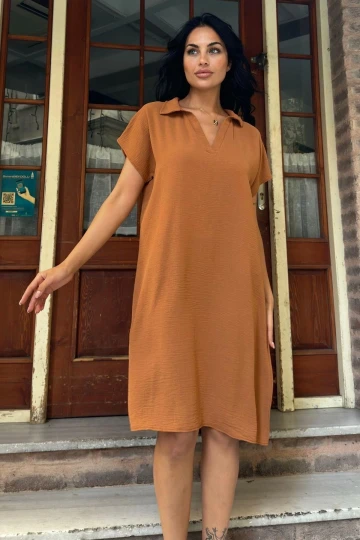 Taba Desenli Polo Yaka Rahat Midi Airobin Elbise