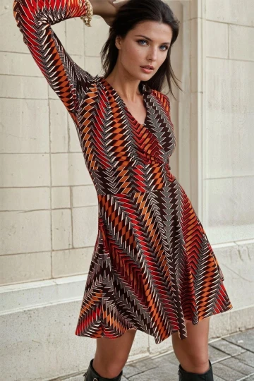 Taba Kruvaze Yaka, Geometrik Desenli, Midi Elbise