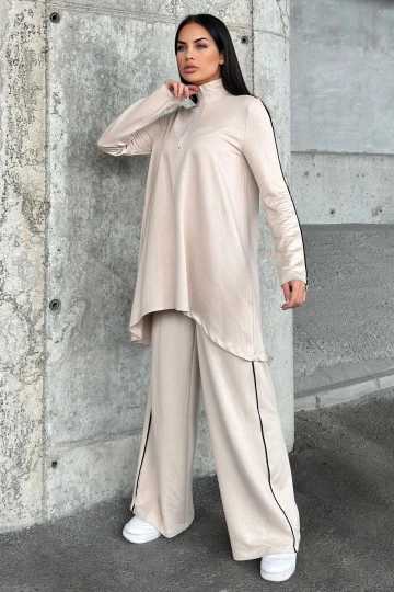 Taş Asimetrik Kesim, Fermuarlı Bluz & Bol Paça Pantolon - Viskon İki İplik Kumaş Alt & üst Takım