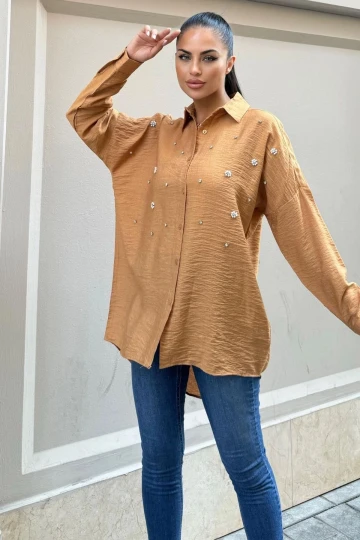 Taş Kahve Keten Taşlı Klasik Gömlek