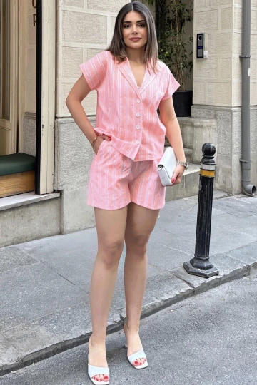 Turuncu Apaş Yaka, Kısa Kol Gömlek & Beli Lastikli, Cepli Şort - Çizgi Desen Fisto Alt Üst Takım