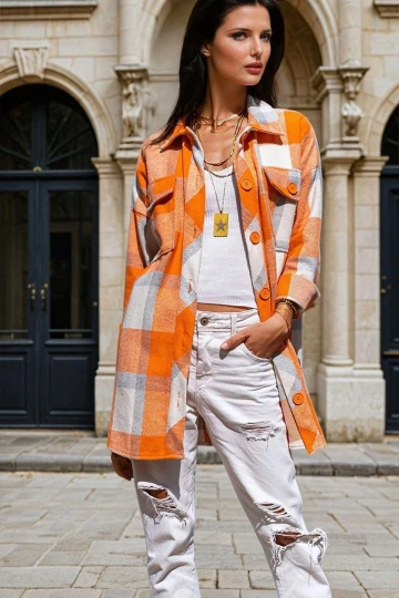 Turuncu Ekose Desenli, Çift Cep Detay, Oversize Kesim, Ceket Gömlek