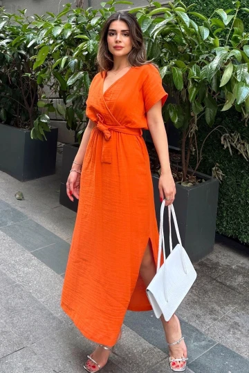 Turuncu Kruvaze Yaka,Yırtmaçlı, Beli Kuşaklı, Terletmez, Pamuklu, İthal Müslin Kumaş, Uzun Elbise