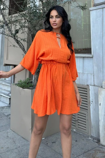 Turuncu Kumaş Yaka Detaylı Kloş Elbise